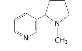 Na fumaça do cigarro pode existir aproximadamente 6mg de nicotina, dos quais o fumante absorve em torno de 0,2mg. A fórmula da nicotina está apresentada baixo.